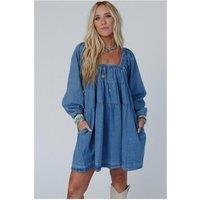 Everyday The Label Women's Dusk Blue Square Neck Side Pockets Loose Fit Denim Mini Dress in Mid Blue | Size: Medium