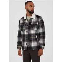 Brave Soul Men's Brushed Check Jacket with Sherpa Collar in Black | Size: XL