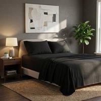 Snug City Soft Plain Brushed Cotton Fitted Flat Sheet Matching Pillowcases Set in Black | Size: Super King