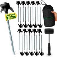 Green Thumbz Camping Tent Peg Set w/ 20 Heavy Duty Pegs, Storage Bag, Rubber Rings, Socket Bit & Mallet in Black