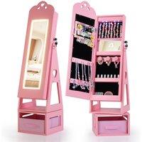 Costway Kids Jewelry Armoire Cabinet 360 Swivel Jewelry Organizer w/ Mirror in Pink