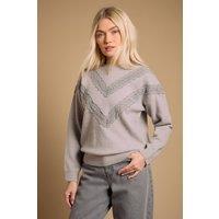 Oasis Women's Lace Trim Crew Neck Jumper in Grey Marl | Size: Small