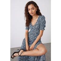 Dorothy Perkins Women's Petite Blue Floral V Neck Jersey Midi Dress | Size: 14