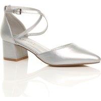 AJVANI Women's Mid Block Heel Crossed Strap Pointed Toe Faux Leather 2 Part Heels in Silver | Size: 3