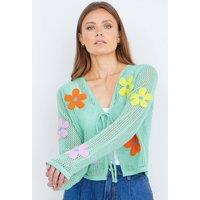 Yumi Women's Mint Tie Front Cardigan With Flower Design in Green | Size: Large