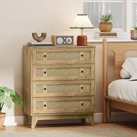 HOMCOM Chest of Drawers, 4 Drawer Unit Storage Organiser with Rattan Element in Light Brown