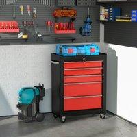 HOMCOM 5-Drawer Lockable Steel Tool Storage Cabinet Wheels Handle 2 Keys in Red