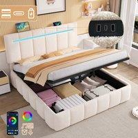 BTM Beige Boucle 4ft6 Double Bed with Hydraulic Storage & LED Headboard