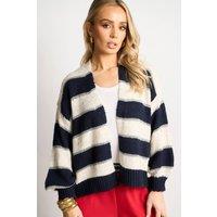 Sarta Women's Glitter Striped Italian Wool Blend Cardigan in Navy Blue/Cream