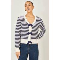 Yumi Women's Cream & Navy Stripe Cardigan With Bow Detail | Size: Large