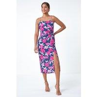 Roman Women's Floral Linen Look Ruched Midi Dress in Pink | Size: 18