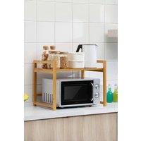 Living and Home 2-Tier Wooden Spice Rack Organizer Microwave Oven Rack with Hooks & Chopping Board Holder Kitchen Organizer Storage Shelf in Natural