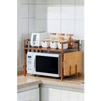 Living and Home 2-Tier Wooden Spice Rack Organizer Microwave Oven Rack with Hooks & Chopping Board Holder Kitchen Organizer Storage Shelf in Brown