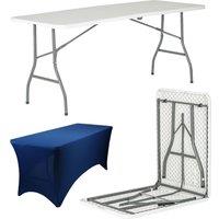 Harbour Housewares Folding Camping Picnic Table with Fitted Tablecloth - (6ft) - White in Blue