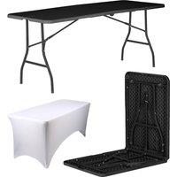 Harbour Housewares Folding Camping Picnic Table with Fitted Tablecloth - (6ft) - Black in White