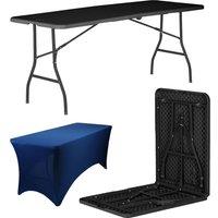 Harbour Housewares Folding Camping Picnic Table with Fitted Tablecloth - (6ft) - Black in Blue