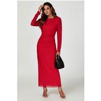 FS Collection Women's Ruched Mesh Long Sleeve Midi Dress in Red | Size: Small