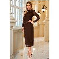 FS Collection Women's Long Sleeves Mesh Midi Dress In Brown | Size: Medium