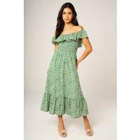 FS Collection Women's Green Floral Bardot Shirred Frill Midi Dress | Size: Small