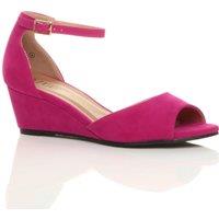 AJVANI Women's Mid Wedge Heel Ankle Strap Faux Suede Sandals in Fuchsia | Size: 7