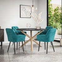 More4Homes Malvern Round Dining Table & Chairs - Black Table Top w Solid Oak Legs + Anika Velvet Dining Chair Set Of 4 in Blue