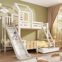 BTM Wooden House Bunk Bed with Ladder & Slide in White | Size: Single
