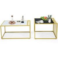 Gymax Nesting Table Set of 2 Stackable Side Coffee Table Faux Marble Tabletop in Gold