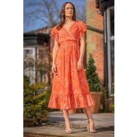 Klass. Women's Printed Wrap Top Midi Dress in Orange | Size: 12