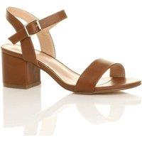 AJVANI Women's Mid Block Heel Ankle Strap Faux Leather Heeled Sandals in Tan | Size: 4