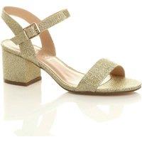 AJVANI Women's Mid Block Heel Ankle Strap Glitter Mesh Heeled Sandals in Gold | Size: 8