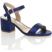AJVANI Women's Mid Block Heel Ankle Strap Satin Heeled Sandals in Navy | Size: 6