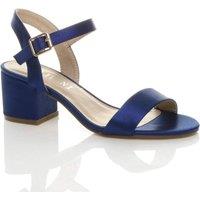 AJVANI Women's Mid Block Heel Ankle Strap Satin Heeled Sandals in Navy | Size: 8