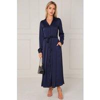 Love Sunshine Women's Layered Satin Long Sleeve Maxi Shirt Dress in Navy | Size: 14