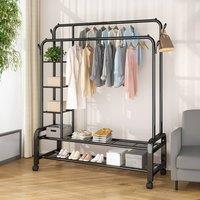 Living and Home 2-Rod Metal Clothes Rack Garment Holder with Wheels Shelves in Black