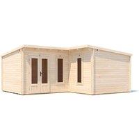 Dunster House L-Shaped Log Cabin W6m x D5m / 19' x 16'6" Pent, 24mm, DG - HellWolf in Brown