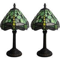 First Choice Lighting Set of 2 Laurel - Green Tiffany Dragonfly 36cm Table Lamps in Bronze
