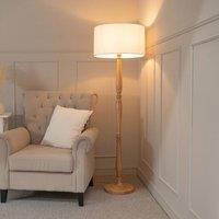 ValueLights Victoria Light Wood Traditional Stem Floor Lamp with Fabric Drum Shade in White