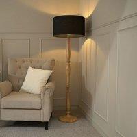 ValueLights Victoria Light Wood Traditional Floor Lamp with Fabric Drum Shade & LED Bulb in Black