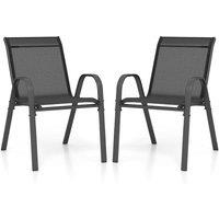 Costway Set of 2 Patio Chairs Stackable Metal Breathable Fabric Dining Chair in Black