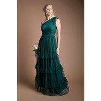 Oasis Women's Pleated Mesh One Shoulder Tiered Maxi Bridesmaid Maxi Dress in Emerald | Size: 12