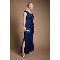 Coast Women's Satin Bardot Bridesmaid Maxi Dress with Waist Ruching Detail in Navy | Size: 14