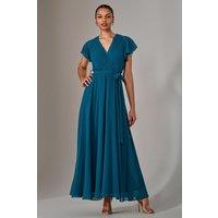 Jolie Moi Women's Chiffon Flutter Sleeve Maxi Dress in Teal | Size: 14