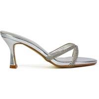 XY London Women's 'Abby' Strappy Diamante Stiletto Heel Sandal Mules in Metallic Silver | Size: 8