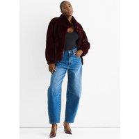 Gini London Women's Angora Red Funnel Neck Button Up Faux Fur Jacket in Burgundy | Size: Medium/Large