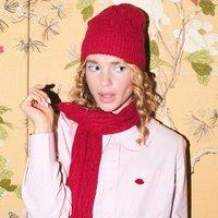 Lands' End Women's Lulu Guinness Lip Cable Knit Beanie Hat in Red