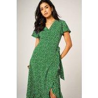 FS Collection Women's Angel Sleeve Floral Wrap Midi Dress with Hem Frill Detail In Green | Size: XL