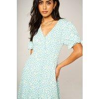 FS Collection Women's Tie Sleeve Button-Front Midi Dress in Blue Ditsy Floral in White | Size: Large