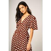 FS Collection Women's Polka Dot V-Neck Angel Sleeve Midi Dress in Brown | Size: Small