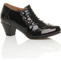 AJVANI Women's Mid Cuban Heel Brogue Button Patent Ankle Boots in Black | Size: 4