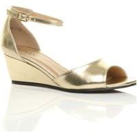 AJVANI Women's Mid Wedge Heel Ankle Strap Faux Leather Sandals in Metallic Gold | Size: 6